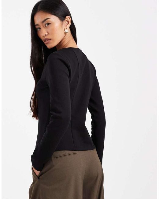 New Look Black Square Neck Button Long Sleeve Top