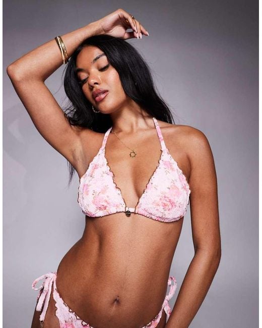 River Island Pink Floral Broderie Triangle Bikini Top