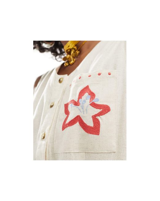 Robe mi-longue boutonnée en lin à broderies - neutre Native Youth en coloris White