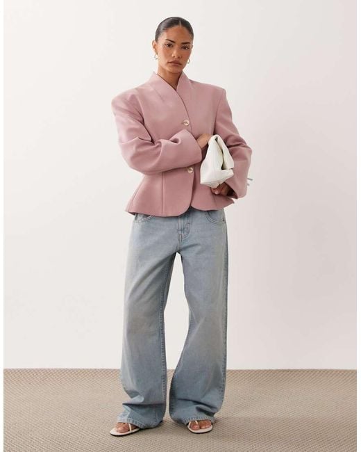 Miss Selfridge Pink Cropped Collarless Blazer