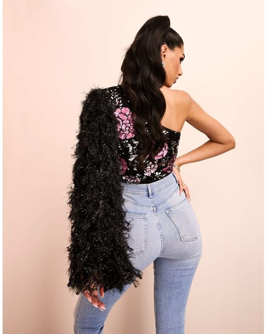 ASOS Black One Shoulder Asymmetric Embellished Bodysuit With Faux Feather Sleeve