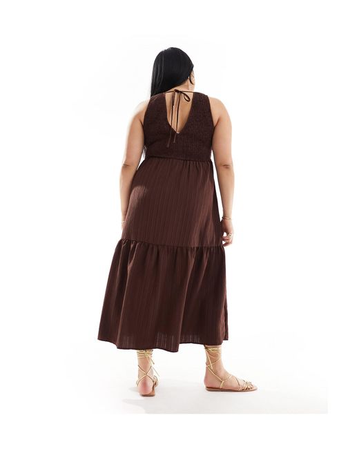 ASOS Brown Asos Design Curve V-neck Crinkle Midi Sundress With Tiered Skirt