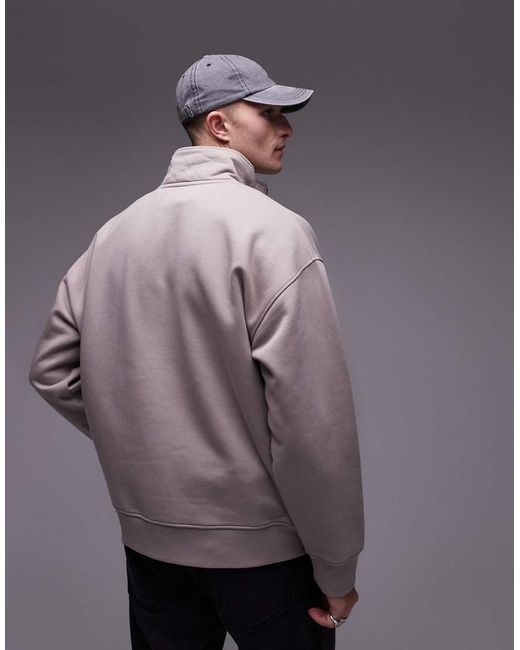 Sudadera Extragrande Con Cremallera Corta De Tejido Grueso Premium De -Beis Neutro Topman de hombre de color Gray