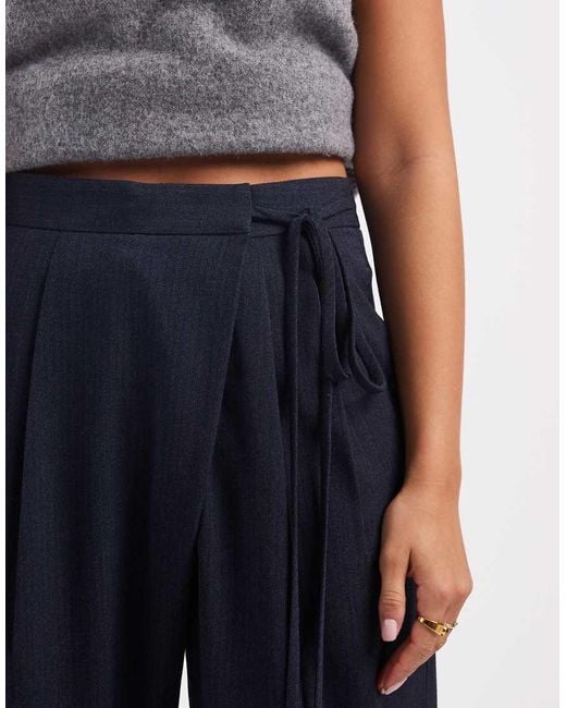 ASOS Blue Tailored Wide Leg Trousers With Wrap Tie Detail