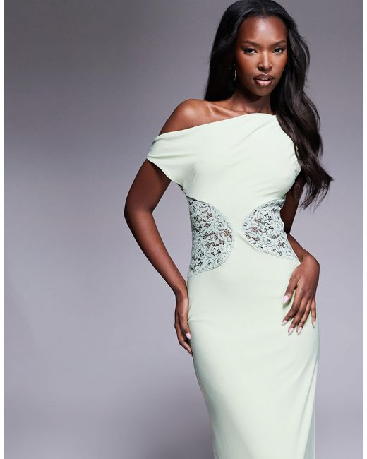 Robe longue et sans manches avec épaule dénudée et empiècement en dentelle - sauge ASOS en coloris Gray