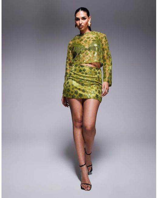ASOS Green Co-ord Long Sleeve Crochet Floral Sequin Backless Top