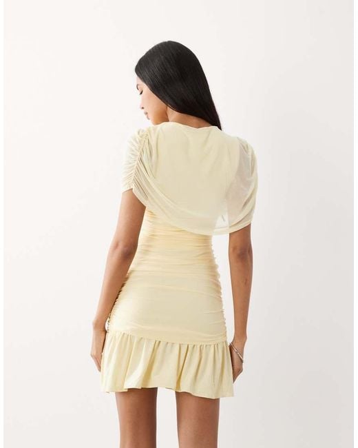Kaiia Natural Exclusive Double Layered Slinky Cape Detail Ruffle Hem Mini Dress