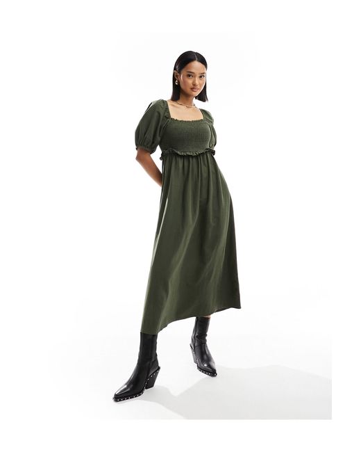 New Look Green Shirred Waist Puff Sleeve Midi Dress