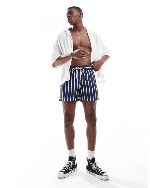 Polo Ralph Lauren Blue Traveler Icon Logo Wide Stripe Slim Fit Mid Swim Shorts for men