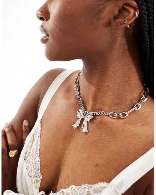 ASOS Brown Necklace With Mixed Chain And Bow Detail