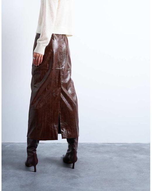 TOPSHOP White Faux Leather High Shine Midi Skirt