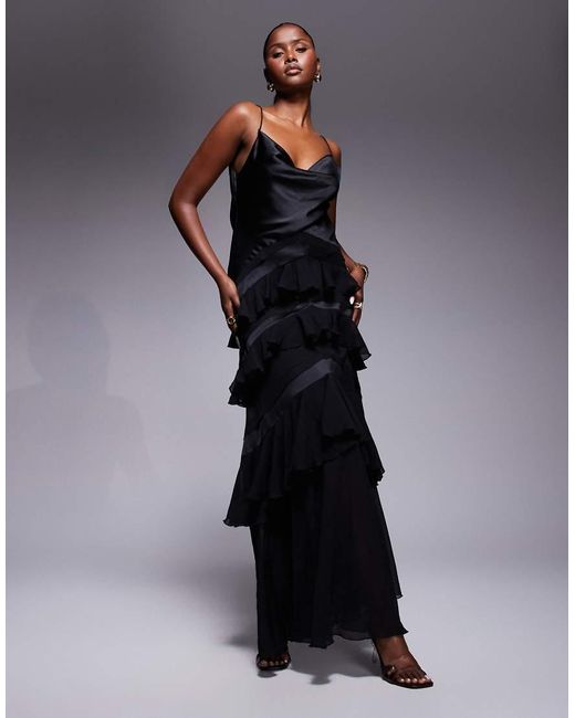 ASOS Blue Satin Chiffon Mix Ruffle Hem Maxi Dress