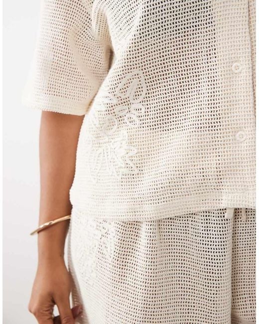 ASOS White Asos Design Curve Open Knit Revere Shirt Co-ord With Cornelli Detail