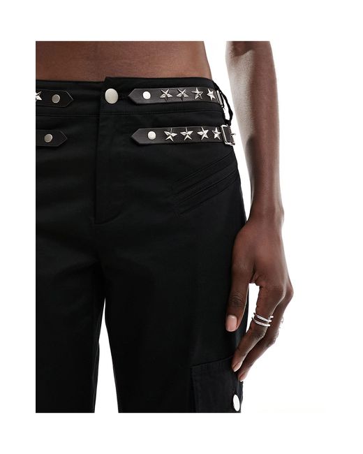 The Kript Black Low Rise Straight Leg Pants With Stud Details And Pockets