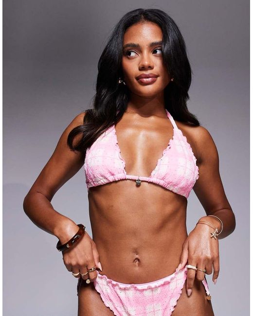 River Island Pink Check Bikini Top