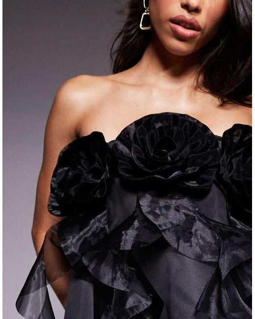 ASOS Black Organza Bandeau Mini Dress With 3d Flower Detail