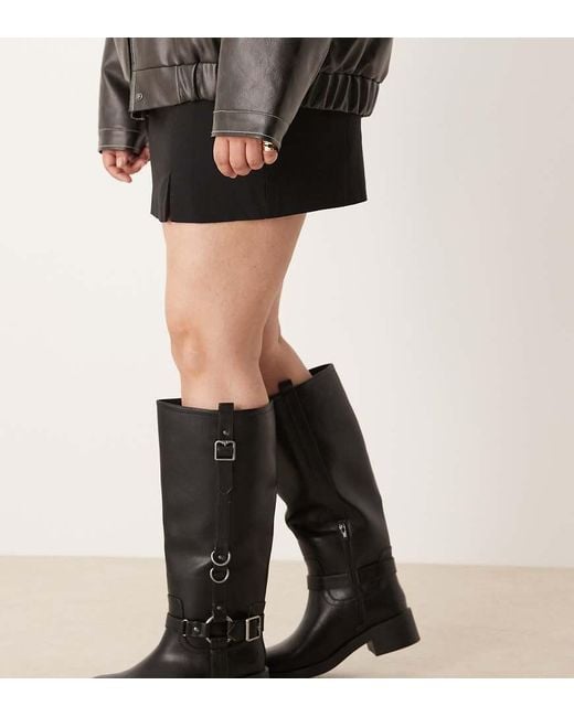 ASOS Black Curve Cobra Buckle Harness Knee Boots With Silver Hardware