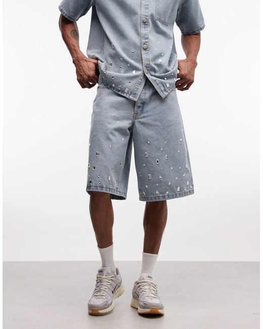 Liquor N Poker Blue Rhinestone Embellished Denim Jorts Co-ord for men