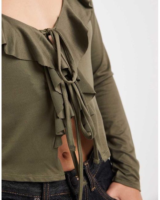 Miss Selfridge Green Ruffle Detail Long Sleeve Top