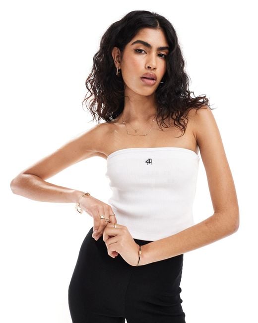 4th & Reckless White Ribbed Bandeau Embroidered Logo Top