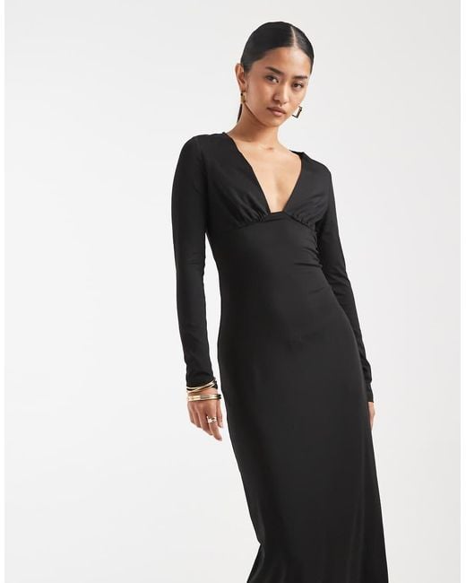 4th & Reckless White Plunge Neck Long Sleeve Dropped Waist Maxi Dress