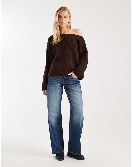 Miss Selfridge Brown Asym Off The Shoulder Slouchy Cosy Knit Jumper