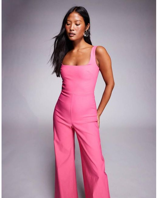 Vesper Petite Pink Square Neck Wide Leg Jumpsuit