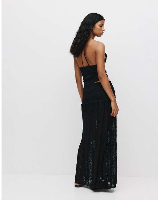 Pull&Bear Midi Rok Met Panden in het Black