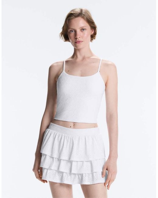 Oysho White Embroidered Comfortlux Tank Top
