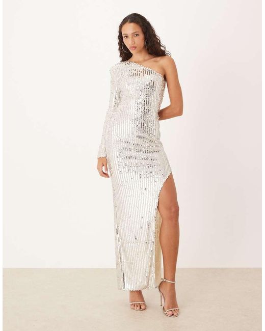 True Decadence Natural Sequin Asymmetric Sleeve Side Split Maxi Dress
