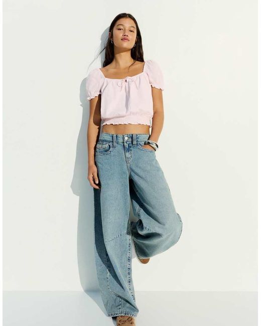 Bershka White Rustic Puff Sleeve Blouse