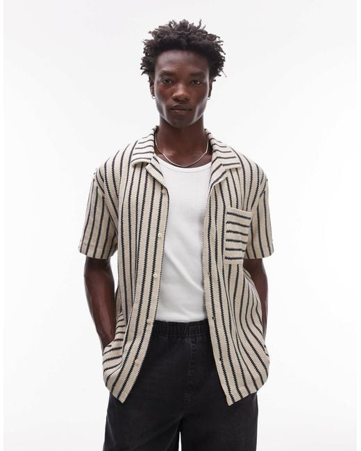 Topman White Oversized Fit Button Through Jersey Shirt With Knit Stripe for men