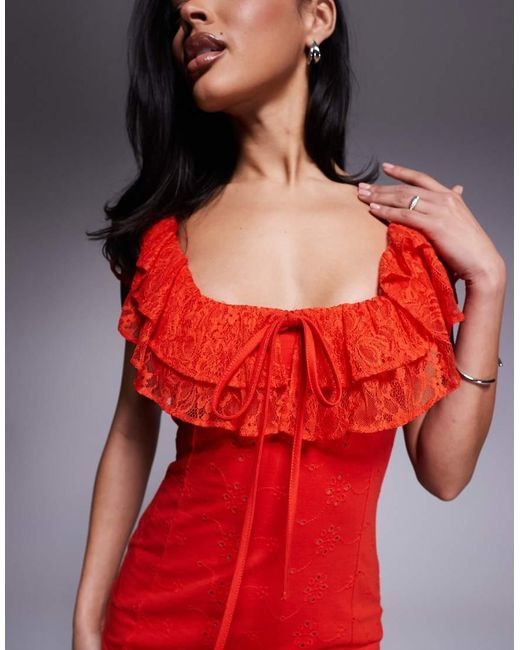 ASOS Red Broderie Lace Square Ruffle Neck Mini Dress