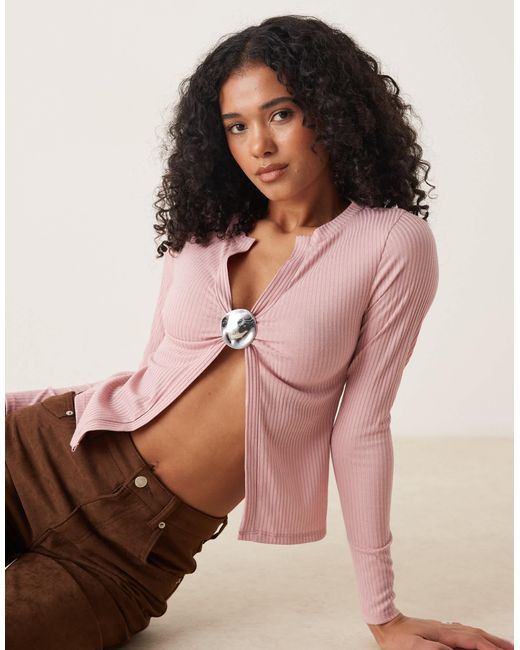 ASOS Pink Rib Hardware Split Detail Long Sleeve