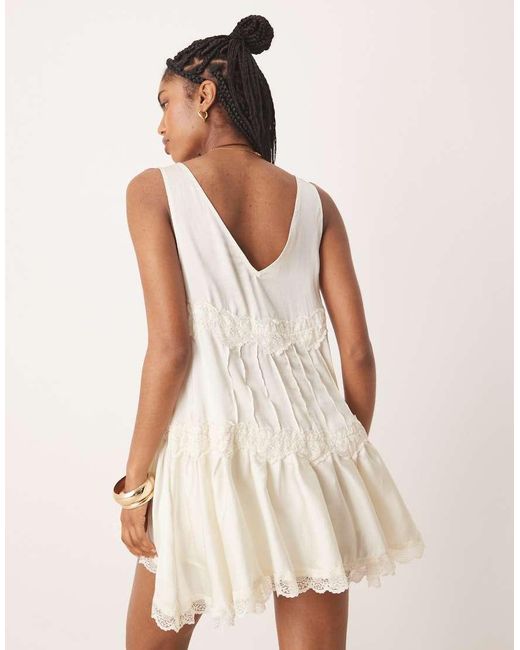 Free People Natural In This Groove Satin Mini Slip Dress In Ivory-white