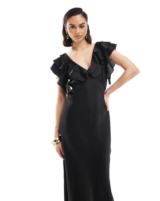 Robe mi-longue en satin à manches volantées New Look en coloris Black