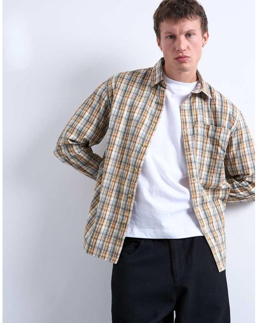 Topman Brown Regular Fit Textured Check Shirt for men