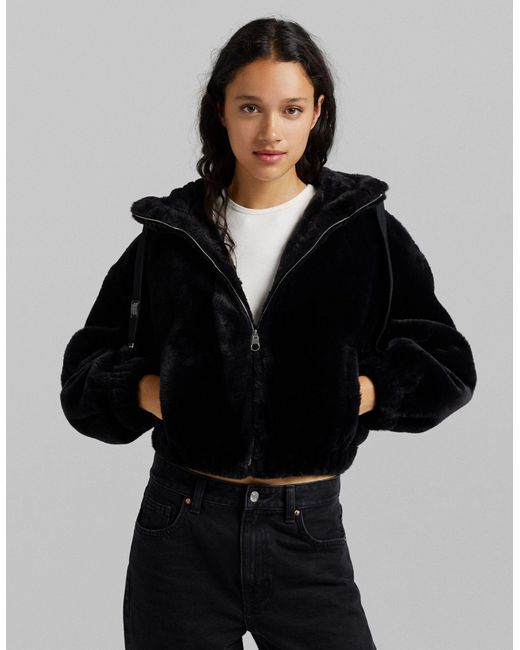Bershka Black Faux Fur Hooded Jacket