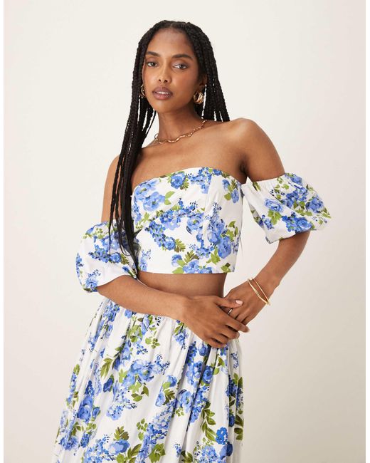Y.A.S Blue Off Shoulder Volume Sleeve Top Co-ord