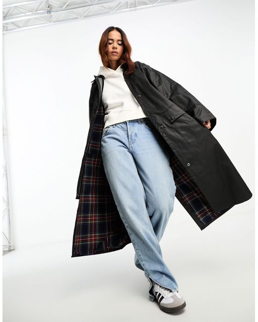 ASOS Blue Wax Trench With Check Lining