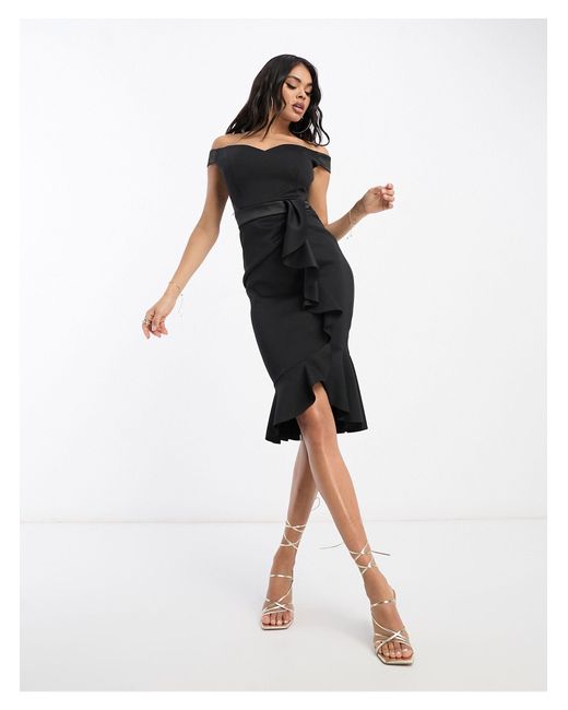 Lipsy Black Bardot Midi Dress With Frill