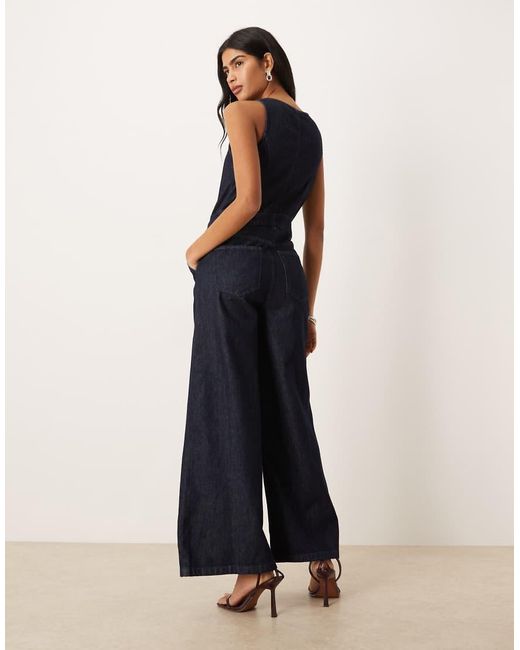 ASOS Blue Wide Leg Denim Jumpsuit With Button Front