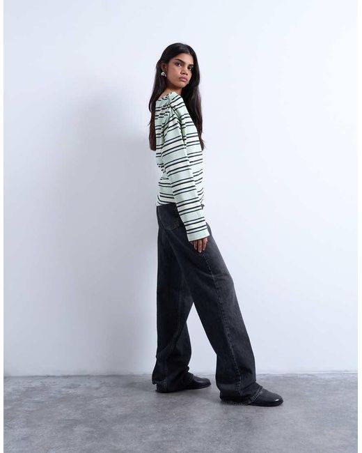 Top Verde A Rayas Asimétrico De Manga Larga De Punto Liso De TOPSHOP de color White