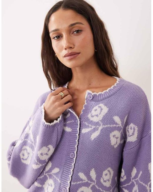 Miss Selfridge Purple Knitted Blanket Stitch Cardigan With Florals