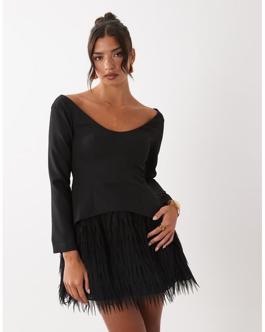ASOS Black Structured Long Sleeve Mini Dress With Fringe Skirt