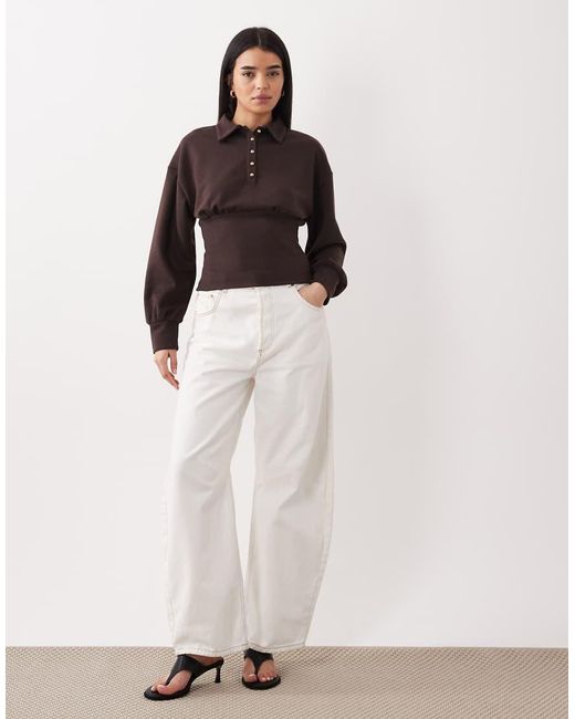 ASOS Brown Interlock Long Sleeve Cinched Waist Button Front Top