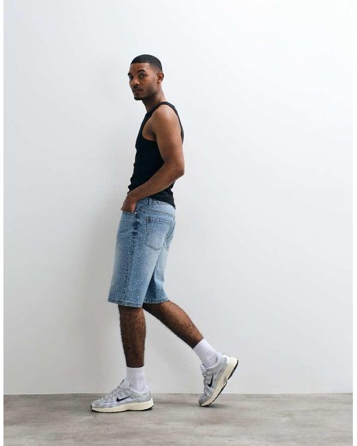 Liquor N Poker White All Over Rhinstone Denim Jorts for men