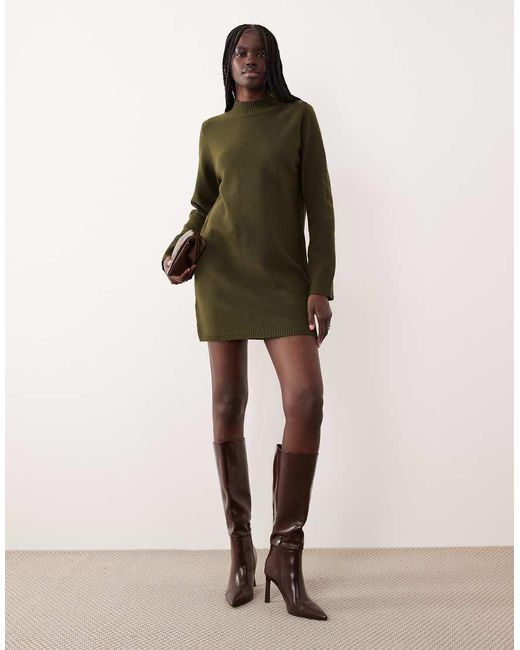 Mango Green Button Detail Long Sleeve Knitted Mini Dress