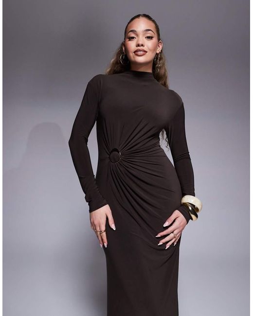 ASOS Brown Modest Long Sleeve High Neck Drape Maxi Dress With Hardware Trim