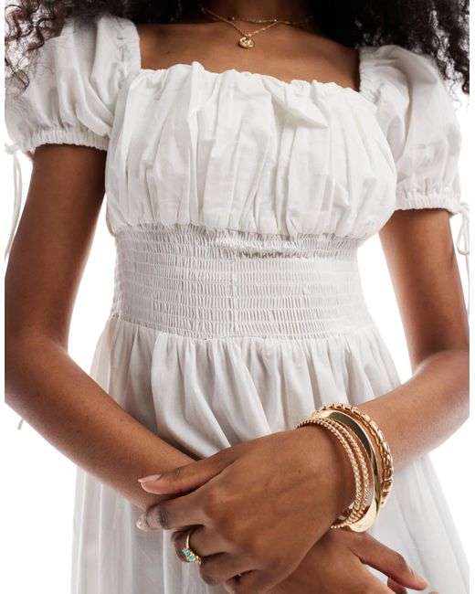 Robe mi-longue tendance folk à encolure carrée et manches bouffantes Brave Soul en coloris White